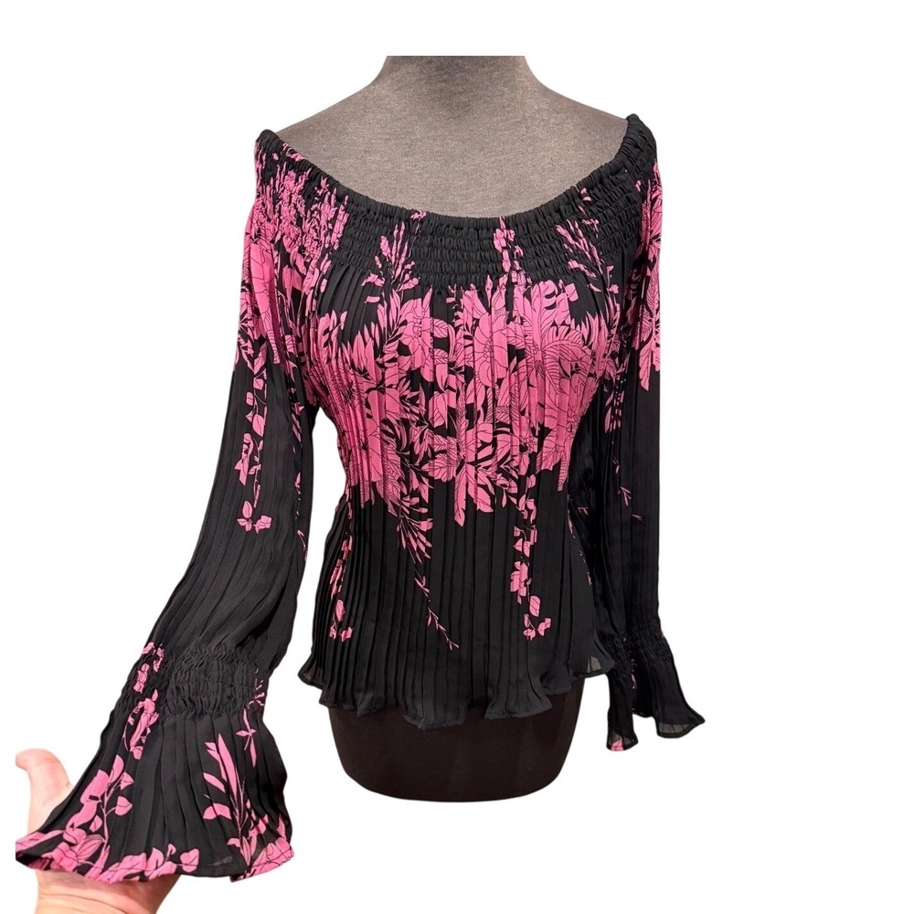 Dress-U by Sharon Pink Floral Pleated Off Shoulder‎ Smocked Blouse XL Black